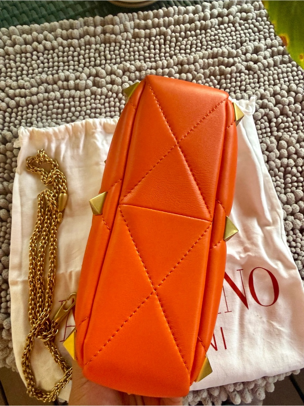 Valentino Orange Quilted Leather Shoulder Bag with Gold Pyramid Studs - Picture 6 of 8